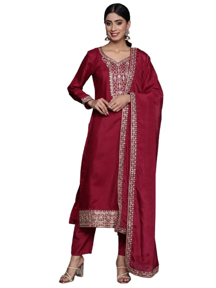 ROYALICA Women's Silk Blend Embroidered Straight Kurta Pant with Dupatta