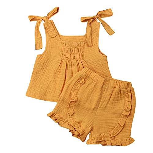 Pudcoco Baby Girls Cotton Linen Blend Straps Top and Bubble Shorts Ruffle Outfit Set (5T, Yellow)