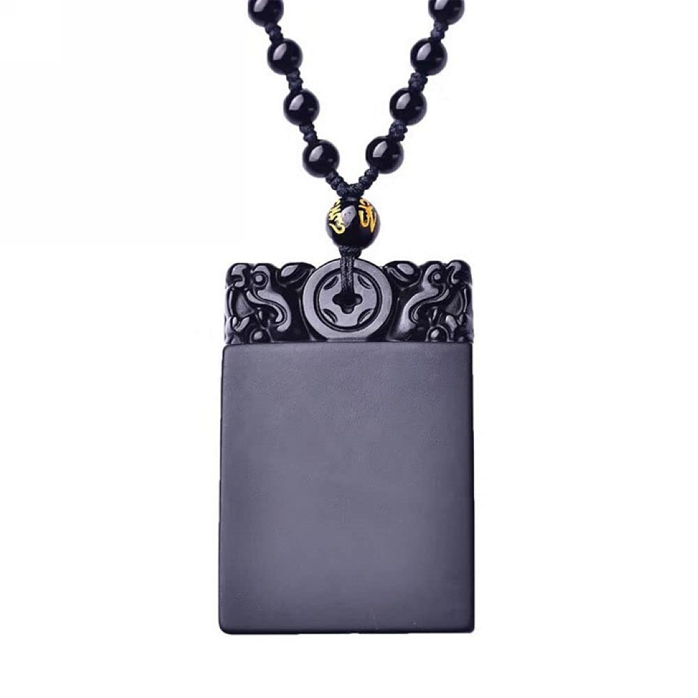 Gneric Natural Black obsidian lucky safe double dragon necklace Amulet pendant with adjustable bead chain