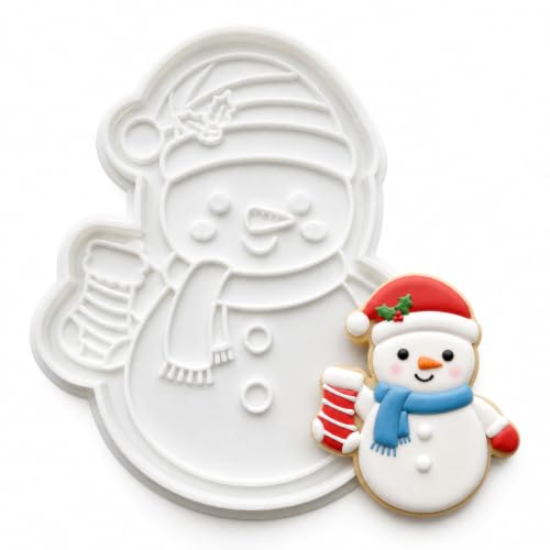 Christmas Cookie Cutters Snowman Stocking Shape 3D Printed PLA Fondant Cutter with Embosser Stamp 3.5 Inch Xmas Holiday Baking Mold for Decorating Stocking Stuffers Party Favors