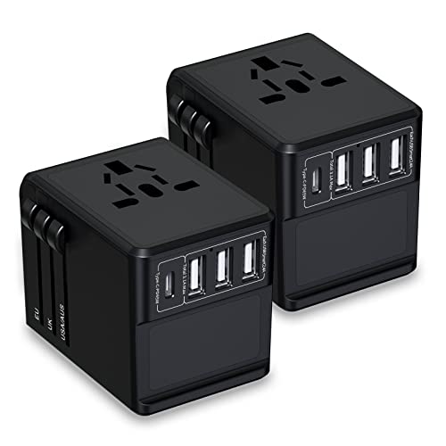 2 Pack Travel Adapter Worldwide International Power Converter with 3 USB and 1 Type-c Universal Travel Plug Adapter for UK Japan China EU European etc More Than 200 Countriesï¼Black ï¼