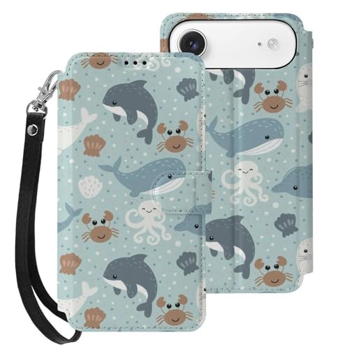 iphone 17用 ケース 鯨柄 手帳型 と互換性のある カード収納 いphone17用 カバー 手帳型 Puレザー 横置きスタンド機能 折りたたみ スマホケース スタンド付き アイフォン 17用 ケース 内蔵マグネット 開閉式 財布型 軽量 薄型 耐衝