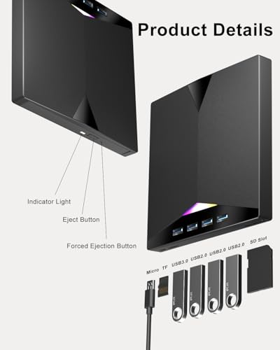 External CD/DVD Drive for Laptop, 7-in-1 External DVD Drive with 2 USB Ports, External DVD Burner with SD/TF Card Slots, CD/DVD Reader, USB 3.0 DVD Writer Compatible with Laptop, Mac, Windows, Linux