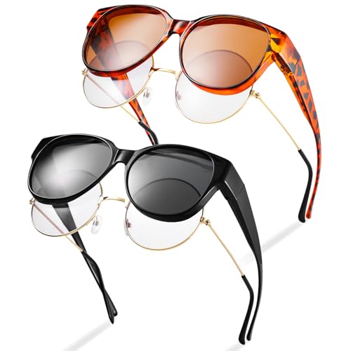 2 Pcs Polarized Fit-Over Sunglasses for Women, Large Round UV400 Protection, Trendy Cat-Eye Style