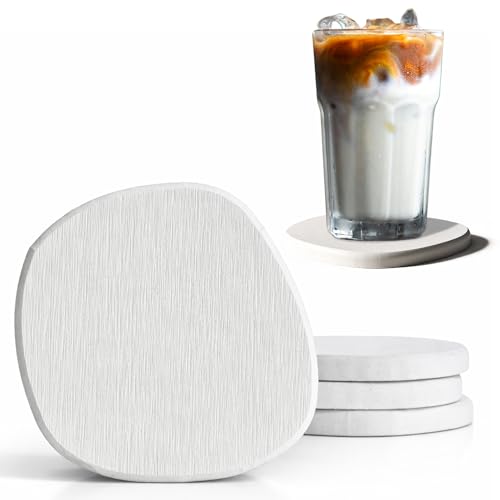 Diatomaceous Earth Coasters Set of 4 for Drinks, Moisture Water Absorbent Stone Coasters for Table Desk at Work, Water Absorbing Instant Drying Diatomite, Modern White