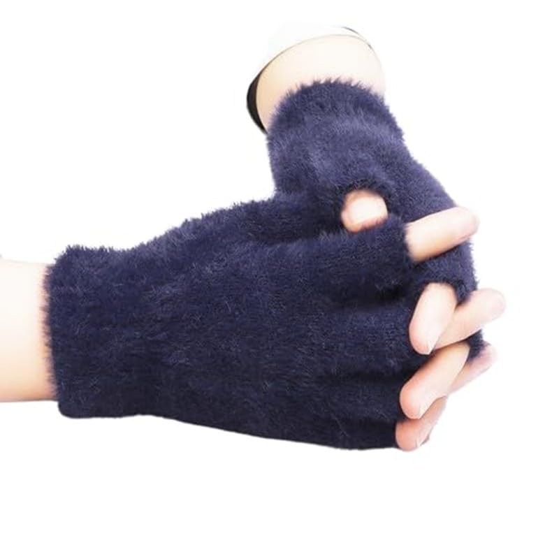 VKG Winter Gloves for Women Woolen Warm Soft Fur Fleece Hand Gloves for Women and Girls Knitted Acrylic Wool Finger Cut (Navy Blue)-image-31