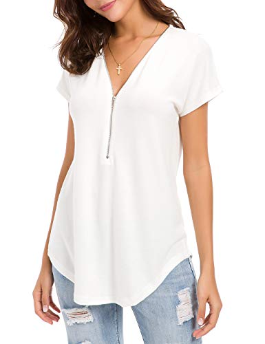 LUSMAY Women's Casual Cotton Blouses Zipper Deep V-Neck Tunic Nursing T-Shirts, White, XX-Large