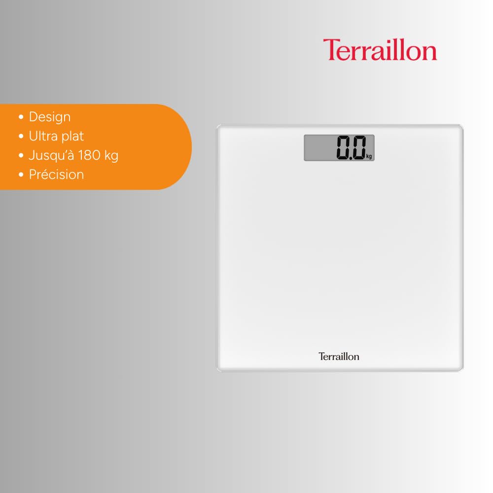 TERRAILLON - Bilancia Pesapersone Digitale TSQUARE BIANCO- Compatto e ultra piatto 26 cm x 26 cm - Vassoio vetro-ampio schermo LCD-capacità 180 kg - Graduazione 100 g - Bianco