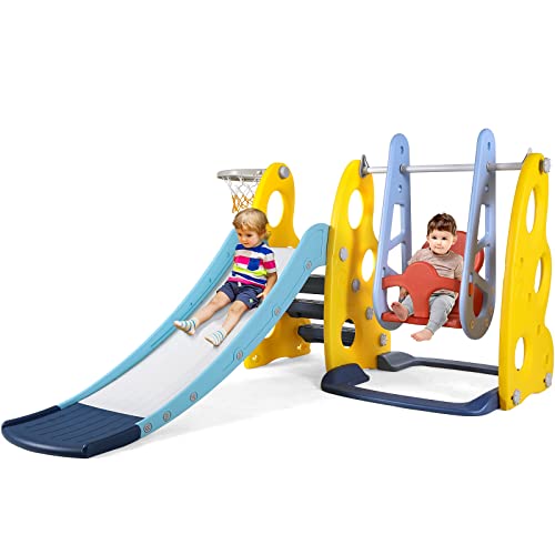 👶 【Multifunzionale】: giocattolo multifunzionale 3 in 1: altalena, scivolo da 150 cm e canestro da basket con diametro interno di 24 cm. Con i gradini facili da salire e l'ampio scivolo liscio, non è solo divertente per i bambini, ma anche un ottimo esercizio per i muscoli, la forza e la coordinazione occhio-mano.