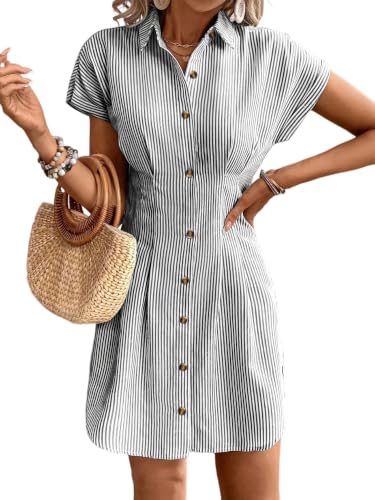 Robe chemise rayée d'été pour femme coupe trapèze plissée à manches courtes