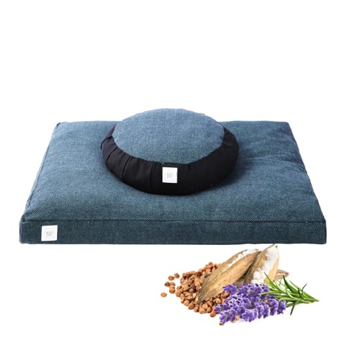 Premium Meditation Cushion with Natural Buckwheat & Kapok Filling & Cotton Canvas Cover, Lavender Infused – Large Floor Cushion – Buckwheat seeds – Meditation Accessories – Zafu Zabuton Set
