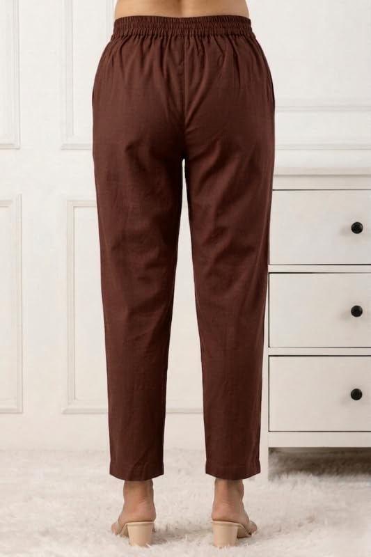 Image of Solid Cotton Woman Trousers Pants Regular Fit Kurti Pant with Drawstring Daily Office Formal Casual Use