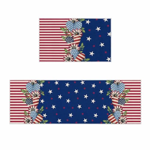 2 Pieces Kitchen Rugs and Mats,4th of July American Flower Star Heart Area Runner Rug Set Non Slip Floor Doormat Washable Carpet Standing Mat for Kitchen Sink Indoor Corridor,USA Flag Theme