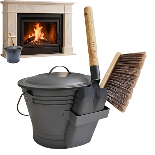 Secchio per cenere, contenitore in metallo, resistente secchio per cenere con coperchio, pala e scopa, contenitore resistente al calore per camino e stufa a legna, grande capacità per la pulizia di