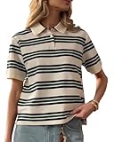 Cioatin Women Y2K Striped Colorblock Button Up Polo T-Shirt Short Sleeve Loose Fit Preppy Aesthetic Tee Tops Summer Outfits Green and Beige