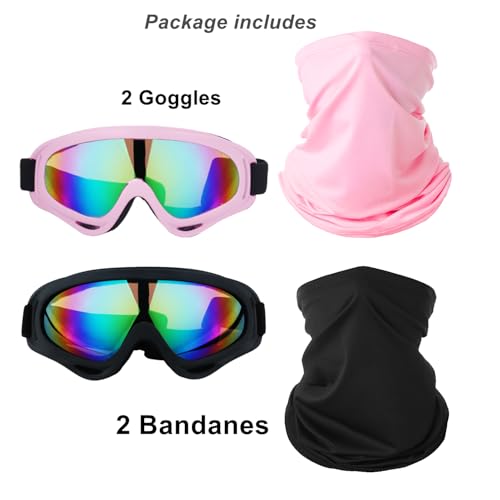 Image of LJDJ Motorcycle Goggles,2 Pack Dirt Bike ATV Motocross Riding Hiking Protective with 2 Pack Neck Breathable Bandana Mask (Light Pink + Black /Colorful)