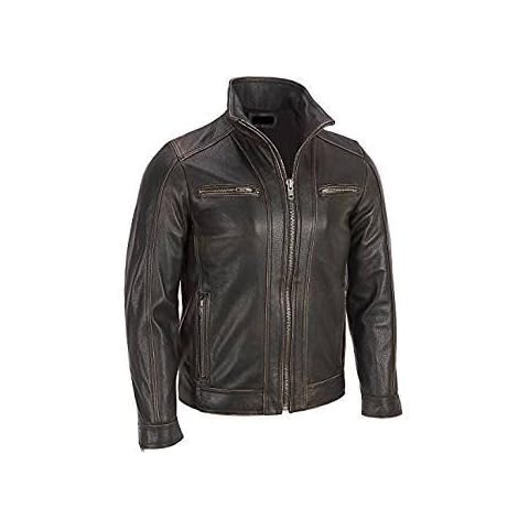 Superior leather garments-Men's Black Rivet Faded Seam Leather Jacket Genuine Cow Hide Cover