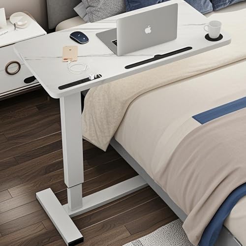 BeGyoku Overbed Table,Hospital Bed Table,Pneumatic Bed Tables Adjustable Over The Bed with Hidden Wheels&USB Port,Mobile Laptop Table Cart and Rolling Bedside Table with Tray Hospital Home Use-White