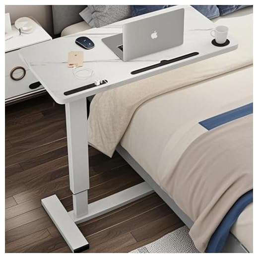 BeGyoku Overbed Table,Hospital Bed Table,Pneumatic Bed Tables Adjustable Over The Bed with Hidden Wheels&USB Port,Mobile Laptop Table Cart and Rolling Bedside Table with Tray Hospital Home Use-White