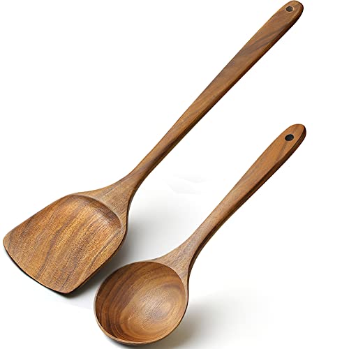 2 piezas de madera espátula de cocina Set, 39X8.5cm Premium espátula de cocina de madera de mango largo, 28X8cm resistente al calor cuchara de arroz Cover