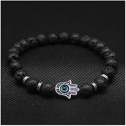 Womens Mens Gold-Color Hand of Fatima Hamsa Hand Bracelet of Mala Black Lava Stone Evil Eye Amulet Bracelets for Men Women HT-5, Zinc Cover