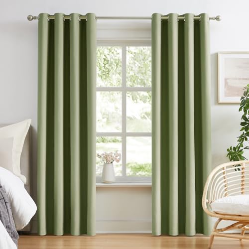 Melodieux Blackout Curtains for Bedroom Sage Green Blackout Curtains 108 Inches Long 2 Panels Set 100% Cotton Curtains Grommet Window Curtains for Living Room Thermal Insulated Privacy (52 x 108 in) by Melodieux - Used condition - US$21.33