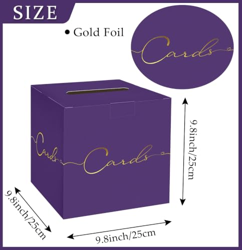 Image of HEIPINIUYE Purple Wedding Card Box with Gold Foil 9.8 inch x 9.8 inch Purple Large Gift Card Box for Party Wedding Reception Graduation Birthday Baby Shower Cardboard Raffle Envelope Box with Slot