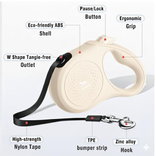 Image of Petology Retractable Dog Leash | 3 Meter (10ft) Nylon Tape | for Dogs Upto 12kgs | Heavy Duty Rope, 360 Tangle-Free, One-Hand Brake & Lock System, Anti-Slip Comfortable Grip