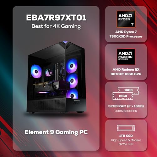 Image of iBUYPOWER Element Gaming PC Desktop Computer AMD Ryzen 7 7800X3D CPU, AMD Radeon RX 9070XT 16GB GPU, 32GB DDR5 RGB 5200MHz RAM, 1TB NVMe SSD, Windows 11 Home, Gamer Keyboard and Mouse - EBA7R97XT01