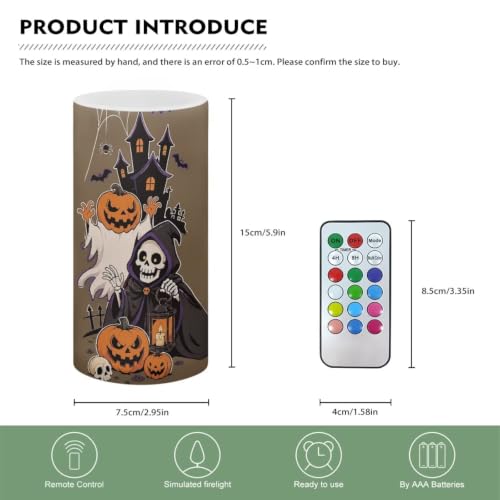 Image of Poceacles Flickering Flameless LED Battery Candles Pillar Candles Tealight with 18-Key Timer Remote for Halloween Indoor Outdoor Home Decor, Skull Pumpkin Ghost Bat Print Brown