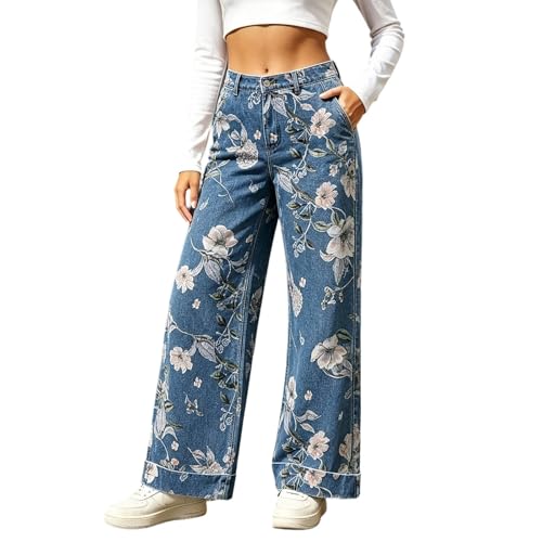Pantalones de mezclilla con flores para paseos de verano y looks urbanos de inspiración vintage