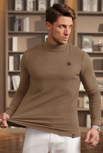 Image of Herberton Mens Mock Turtleneck Shirts Thermal Fleece Casual Undershirt | Mockneck, Long Sleeve, Warm Fleeced, Regular Fit, Soft Feel, Stretchy, Solid Color, Embroidery Design, Cold Weather, S-2XL
