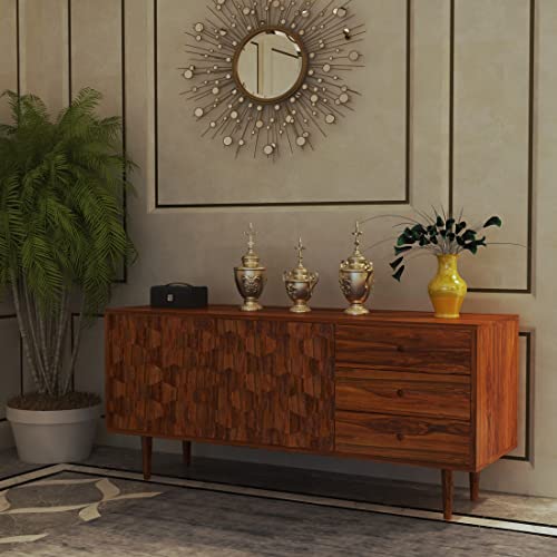 Image of Ganpati Arts Sheesham Wood Sideboard Cabinet with 2 Doors 3 Drawer Storage for Home Kitchen Office Wooden Organizer Bedroom (Natural Finish)