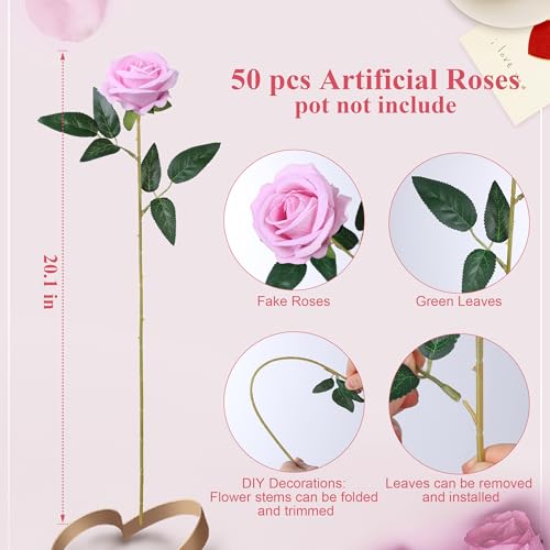 Image of 50 PCS Pink Roses Artificial Flowers, Fake Roses with Stem Realistic Silk Roses for DIY Wedding Bouquets Table Centerpieces Arrangements Baby Shower Birthday Home Decor Valentine's Day Gift for Her