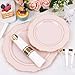Liacere 350PCS Pink Plates Disposable-PinK Plates 50guest Baroque Plastic Dinnerware include 100Plates, 50Pack Pre Rolled Napkins with Silverware 50Cups Perfect for Valentine's Day＆Galentines Day