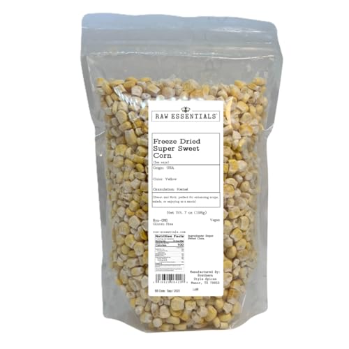 Raw Essentials Freeze-Dried Super Sweet Corn | Sweet & Rich Flavor | Ideal for Soups, Salads, & Snacks | Non-GMO, Gluten-Free, Vegan | 7 Ounce Bag