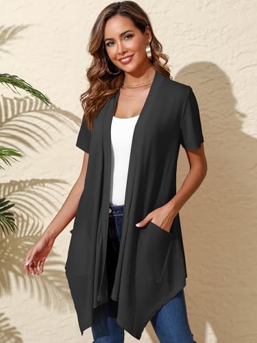 Image of Women's Lightweight Open Front Cardigans Short Sleeve Casual Soft Sheer Cardigan S-2XL with Pockets