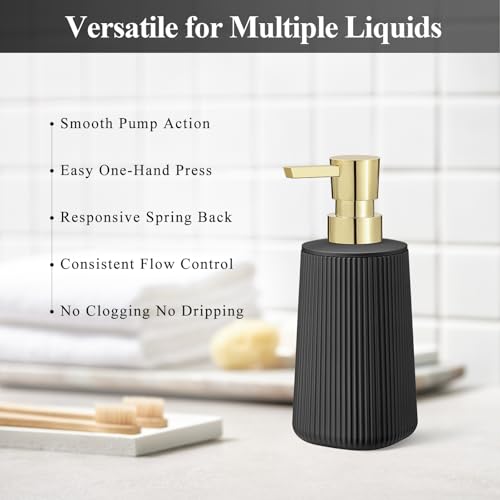 Image of Black and Gold 2 Pack Hand Soap Dispensers Set with No Rust Pump for Bathroom and Kitchen Countertops Refillable Matte Striped Plastic 8.5 oz