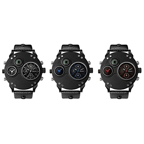 JewelryWe Military Watch for Men Dual Time Zone Big Dial Quartz Watch Cool Punk Leather Wristwatch, for Fathers Day