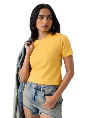 Image of The Souled Store Casual Classics: Women and Girls Short Sleeves Spread Collar Solid Cotton Regular Fit Breathable Lightweight Trendy Everyday T-Shirt