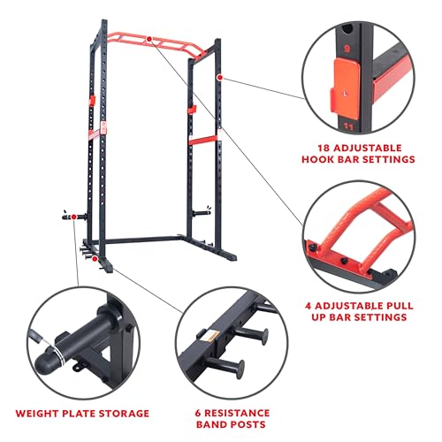Image of Sunny Health & Fitness Power Zone Strength Rack Power Cage - 1000 LB Weight Capacity, Spotter Bar, Angled Pull-Up Bar, J-Hooks, Resistance Band Pins, Optional LAT Pull Down