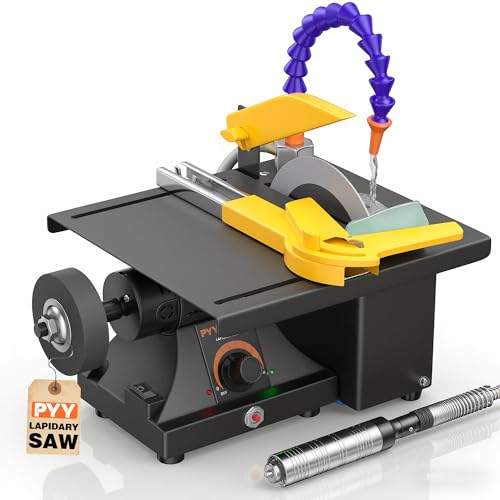 PYY Lapidary Saw - Jewelry Rock Saw w/Upgraded Diamond Blades & Woodworking Blade 0-10000 RPM for Cutting Rocks & Polishing DIY Art Project Lapidary Equipment Black 350W