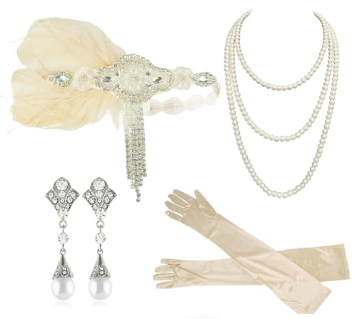 Cizoe 1920s Gatsby Accessories Set for Women Flapper Headband 20s Headpiece Necklace Gloves(111f)