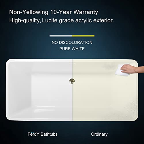 FerdY Sentosa 59\" Acrylic Freestanding Bathtub, Contemporary Design Soaking Tub with Brushed Nickel Drain and Minimalist Linear Design Overflow, Easy to Install, 02560