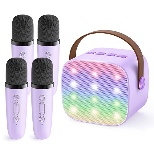Image of YLL Upgraded Mini Karaoke Machine with 4 Wireless Microphones Toy for Kids, Birthday Gifts for Girls Boys, Portable MP3 Player for Ages 3, 4, 5, 6, 7, 8, 9, 10, 11, 12+ Year Old Party (Purple)
