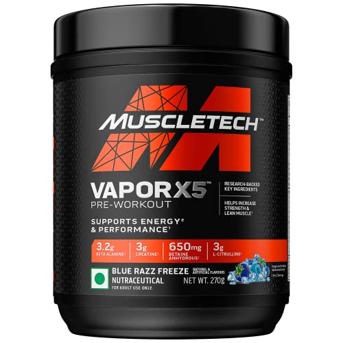 Image of MuscleTech Vapor X5 Pre Workout Powder Support Energy and Performance with Creatine Monohydrate, Beta Alanine, L-Citrulline & Caffeine - Blue Razz Freeze, 30 Servings, 270g