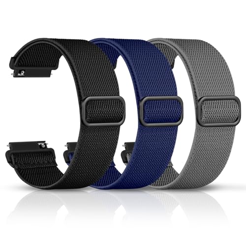 DaQin 3 Pack 22mm Watch Band for Men Women Compatible with 22mm Quick Release Watch Band, Adjustable Soft Stretchy Nylon Solo Loop Strap Elastic Braided Relacement Wristband, Black/Navy Blue/Grey
