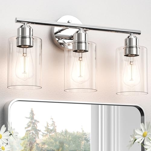 Image of Bathroom Vanity Light Fixtures Polished Chrome Bathroom Lighting Fixture, 3 Lights Bathroom Light Fixture Over Mirror, Modern Black Vanity Light, Wall Sconces with Glass Shades