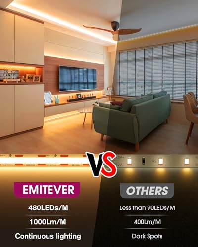 Image of EMITEVER COB LED Strip Lights Warm White, 2700K Tape Light 32.8ft, Premium High Density, DC 24V, 300+Lumens /ft, 4800LEDs /Spool, Ra 90, 3W /ft, UL Listed 5 Year Warranty (Power Supply Sold Separately)