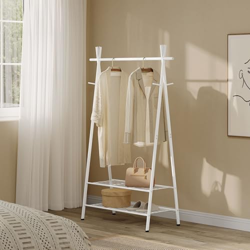 eSituro Kleiderständer Stabil mit Schuhablage Haken Garderobenständer mit Kleiderstange aus Metall Weiß